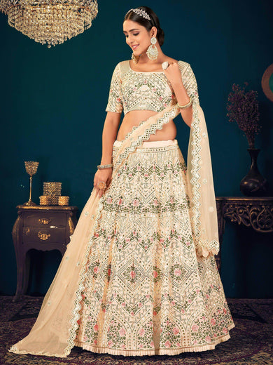 Beige Sequins Embroidered Georgette  Net Wedding Wear Lehenga Choli